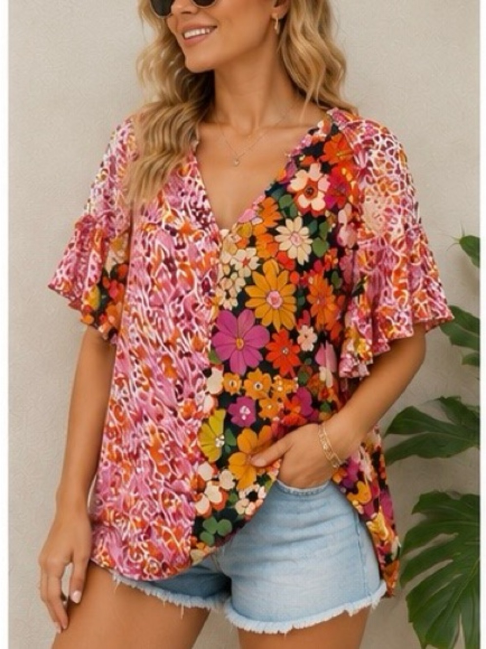 ENTRO Pink Multi Floral Patchwork V-Neck Ruffle Tunic